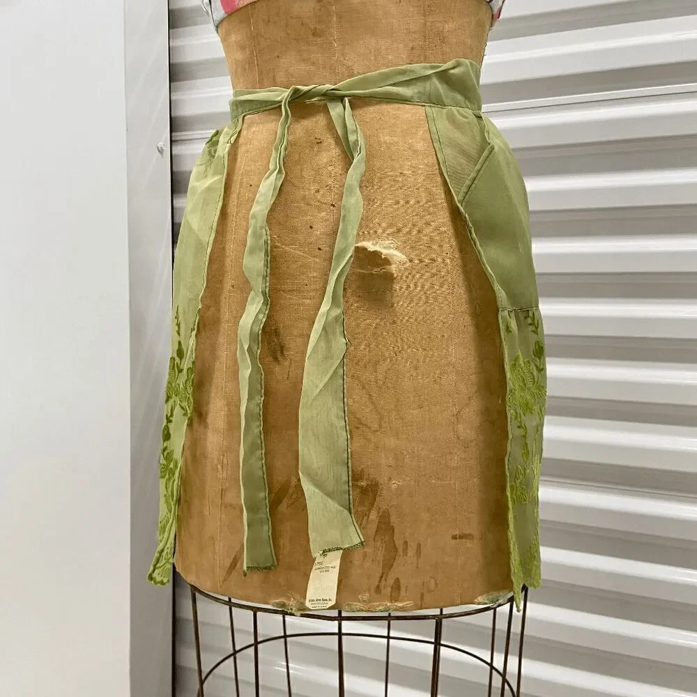 Vintage 50s Artistic Apron House Sheer Flocked Organza Green Apron